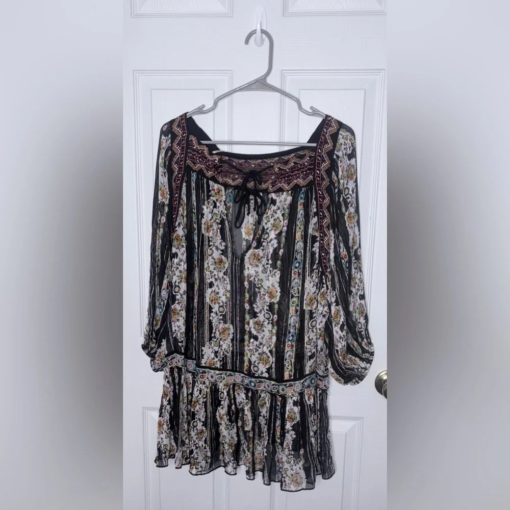 Free People Boho Peasant Dress Size Large Sheer Floral Metallic Thread Tiered - Picture 3 of 3
